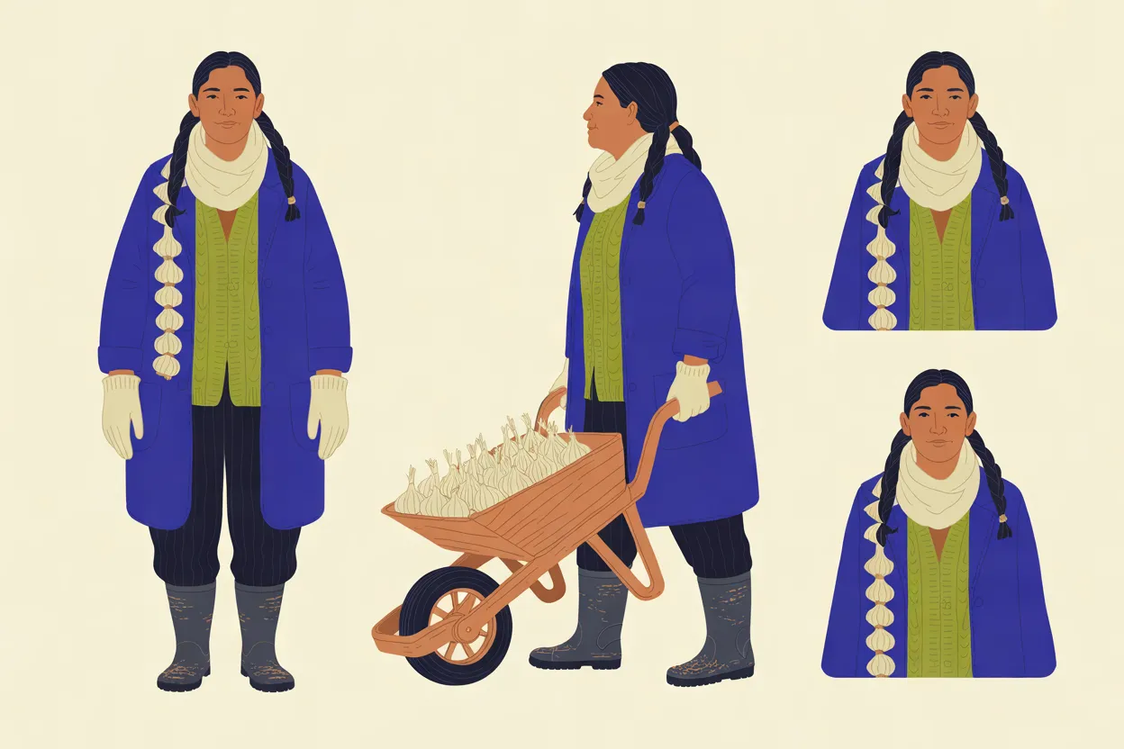 The Moonbraider character sheet on a warm cream background, in a long indigo-blue coat over a moss-green knit, a cream scarf, cream gloves, dark trousers and muddy grey rubber boots, with two long black braids, and a braid of white garlic bulbs over one shoulder in the front view and close-ups. It shows a full-body front view with her arms at her sides, a full-body side view facing left pushing a wooden wheelbarrow heaped with garlic bulbs, and two identical head-and-shoulders close-ups with the same calm, closed-mouth expression.