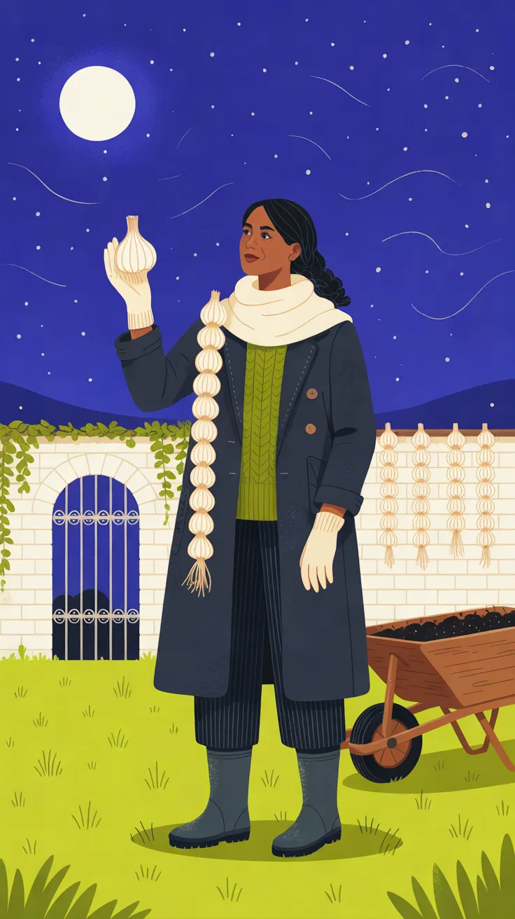 The Moonbraider, a woman with deep brown skin and a black braid down her back, stands on chartreuse grass holding a single white garlic bulb up in one gloved hand and looking up at it, a long braid of white garlic bulbs hanging over her shoulder. She wears a long charcoal coat over a moss-green cable-knit sweater, a cream scarf, cream gloves, striped dark trousers and grey-green rubber boots. Behind her are a cream brick wall with trailing ivy and an arched iron gate, garlic braids hanging along the wall and a wooden wheelbarrow of dark soil, under an indigo sky with stars, thin wind lines and a full moon.