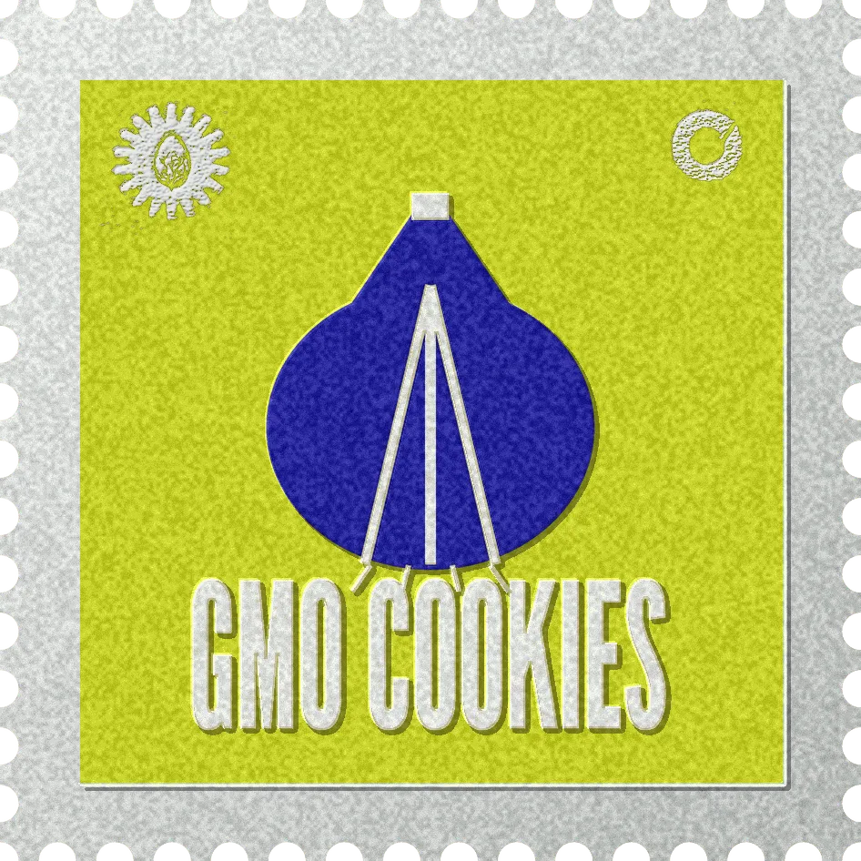 GMO Cookies stamp, No. 63 in the Official Cannabis collection: a garlic bulb with three cloves and roots